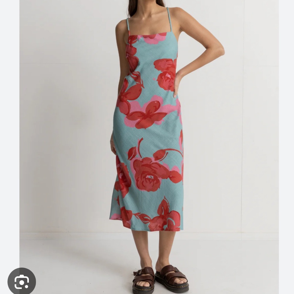 Rhythm Aqua Slip Midi Dress with Coral Floral Print